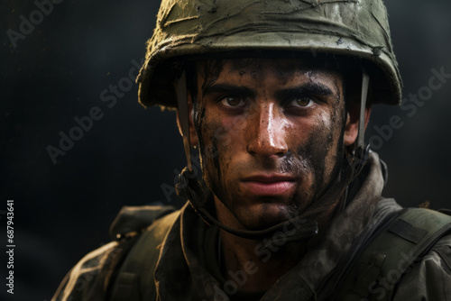 Tired desperate dirty soldier wearing helmet looking straight at camera, war and conflict theme.generative ai