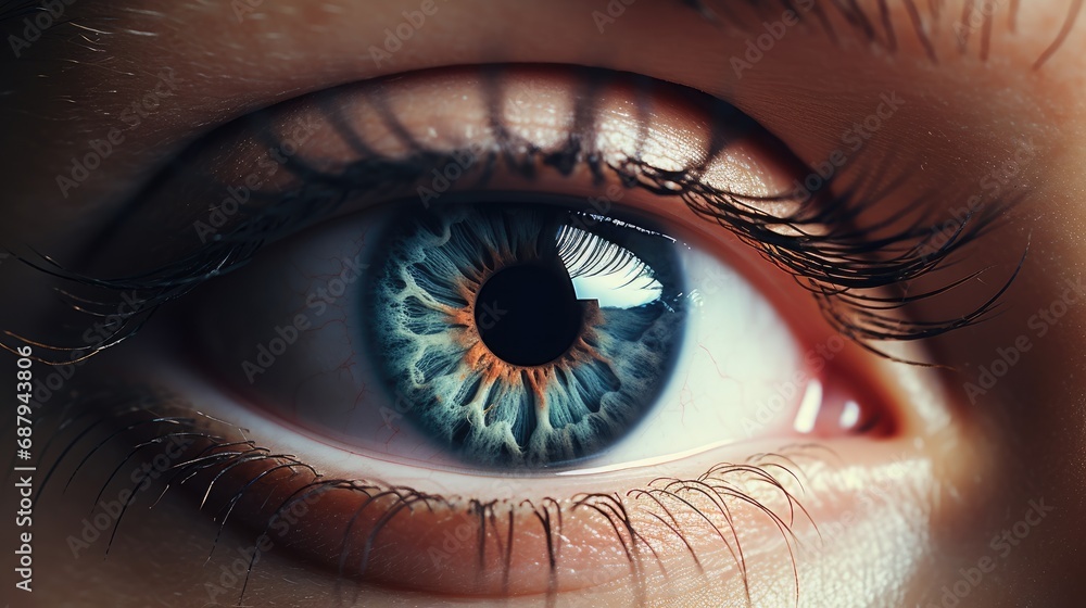 Fototapeta premium A woman's eye with a blue pupil in close-up. Beautiful black eyelashes.