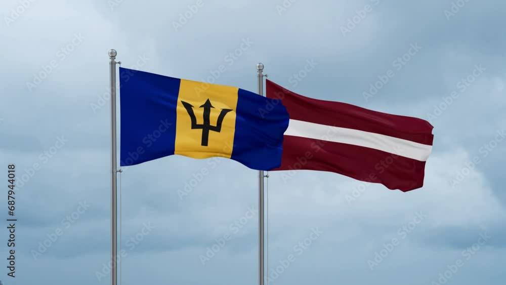 Latvia and Barbados flag waving together on cloudy sky, endless seamless loop, two country cooperation concept Latvia and Barbados flag waving together on cloudy sky, endless seamless loop, two country cooperation concept