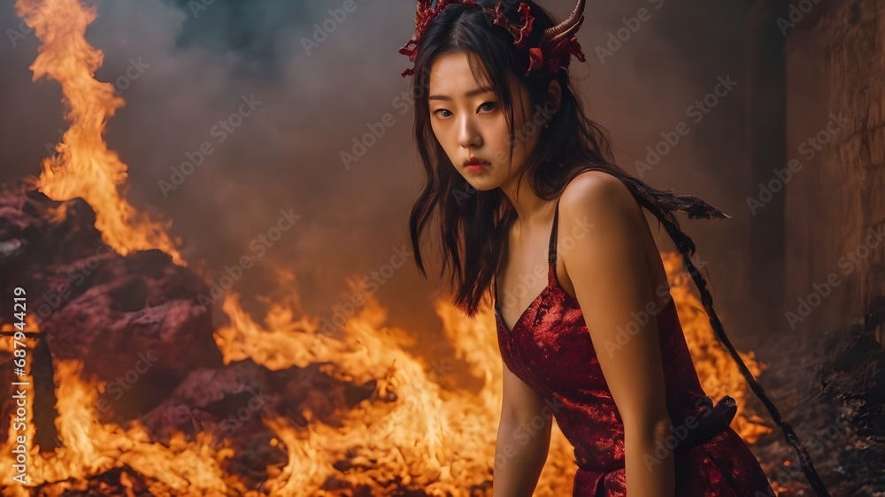 Asian Woman In The Flame Background Very Cool Asian Woman In The Flame Background Very Cool