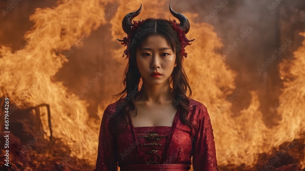 Obraz premium Asian Woman In The Flame Background Very Cool
