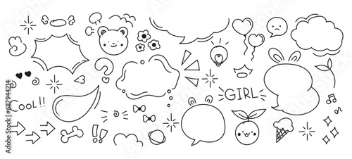 Set of cute pen line doodle element vector. Hand drawn doodle style collection of heart, flower, crown, word, speech bubble, ice cream, arrow.