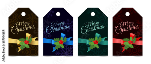 Set of Christmas black tags for gifts with colorful bows	
