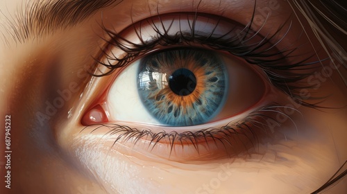 A woman's eye with a blue pupil in close-up. Beautiful black eyelashes.