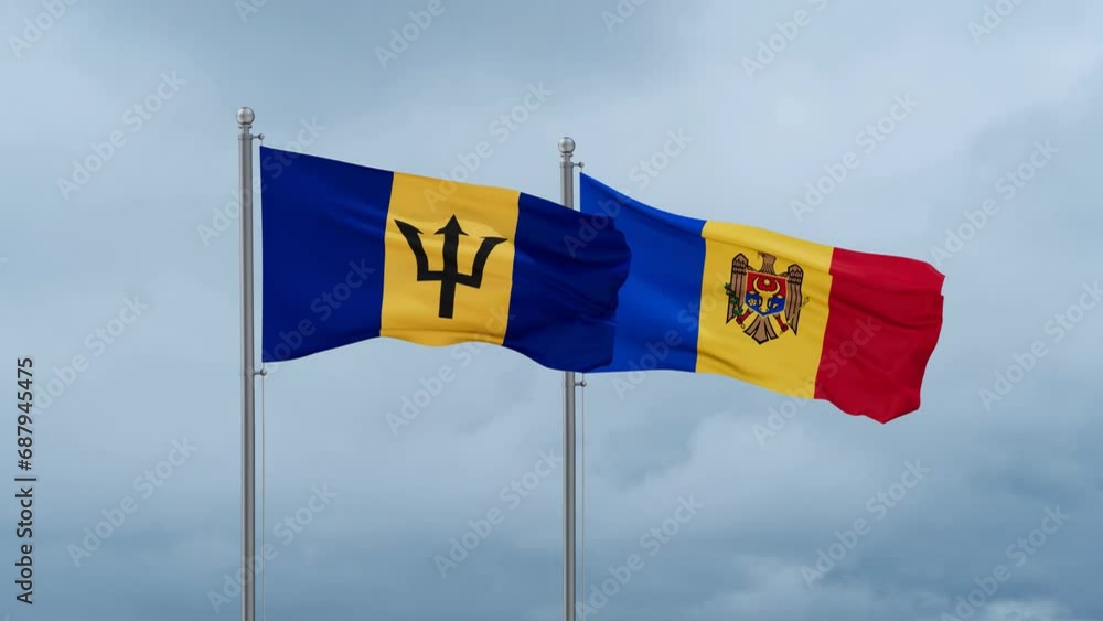 Moldova and Barbados flag waving together on cloudy sky, endless seamless loop, two country cooperation concept Moldova and Barbados flag waving together on cloudy sky, endless seamless loop, two country cooperation concept