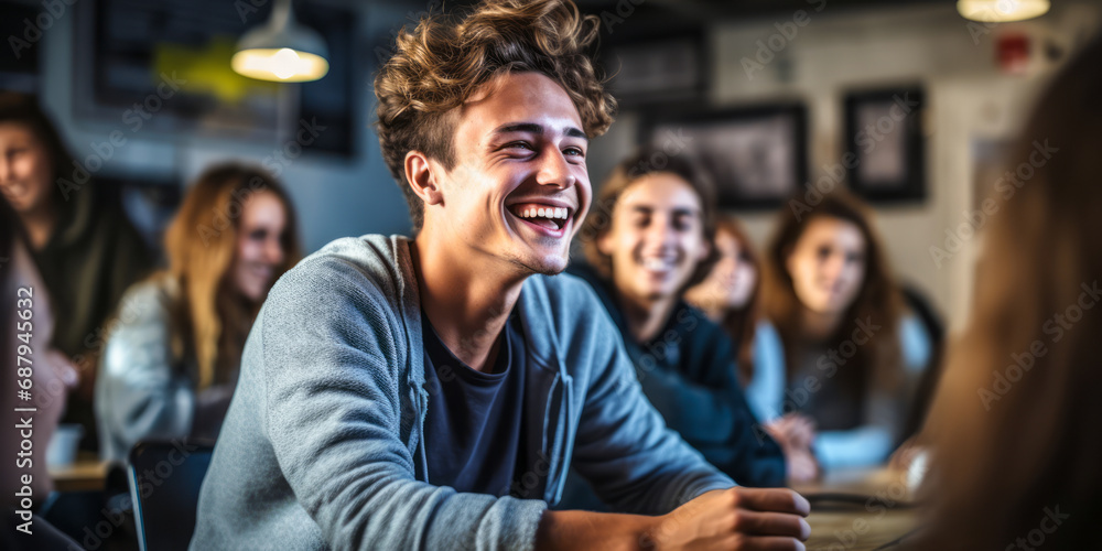 Joyful high school students engaged in a lively discussion during a class lecture, with a focus on a smiling young man listening attentively Joyful high school students engaged in a lively discussion during a class lecture, with a focus on a smiling young man listening attentively