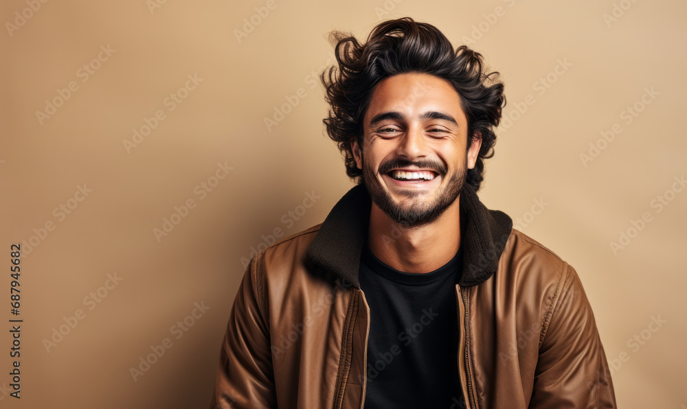 Joyful young man in his 20s with a charming smile wearing a brown leather jacket over a black sweater, studio portrait with a warm beige background Joyful young man in his 20s with a charming smile wearing a brown leather jacket over a black sweater, studio portrait with a warm beige background
