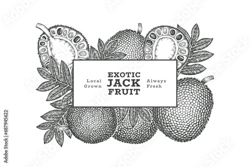 Hand drawn sketch style jackfruit banner. Organic fresh fruit vector illustration. Retro breadfruit design template