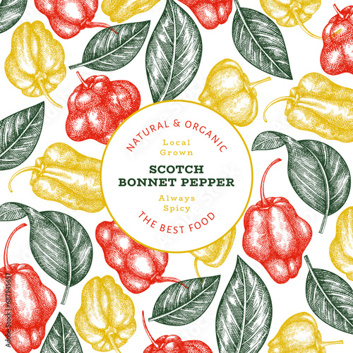 Hand drawn sketch style scotch bonnet pepper banner. Organic fresh vegetable vector illustration. Retro cayenne pepper design template