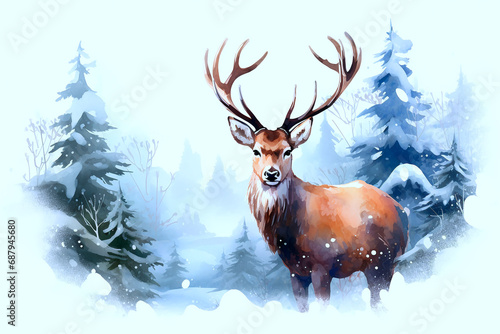 Watercolor deer with antlers in the winter forest for cards photo