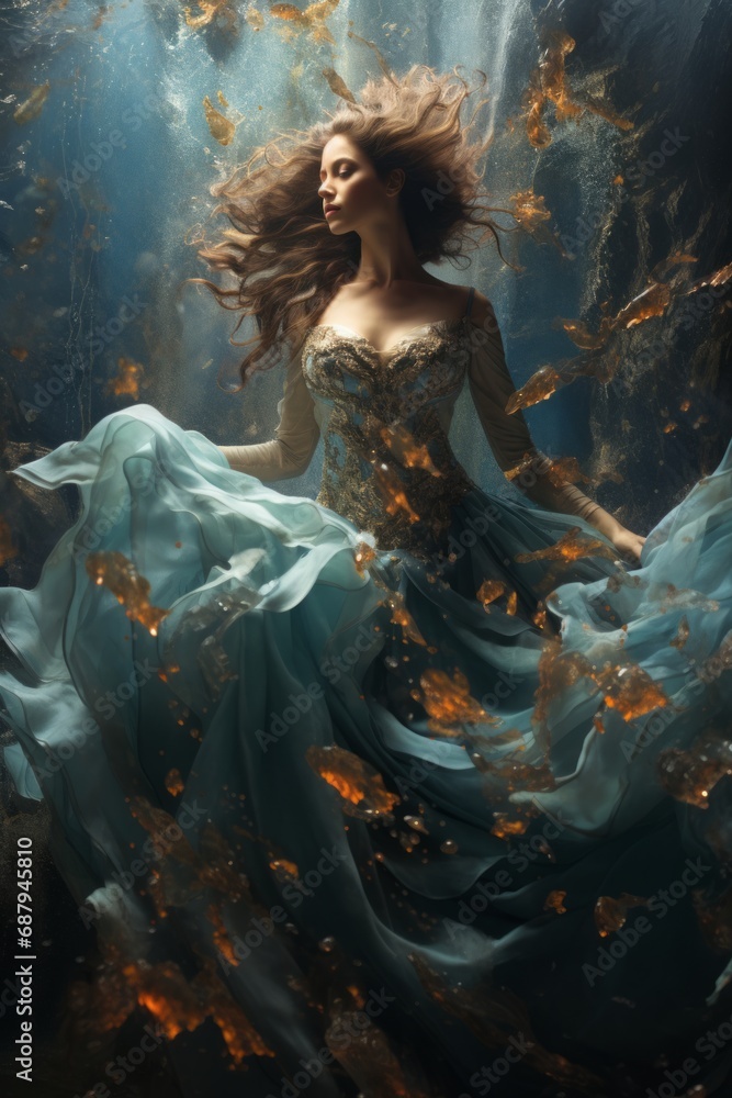 Enchanted Underwater Dance.
Woman in a flowing dress suspended in an ethereal underwater scene.