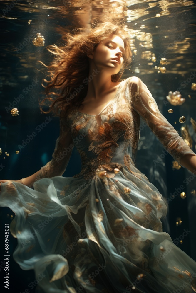 Mystical Water Nymph.
A woman in a translucent dress appears as a mystical water nymph in a surreal scene.