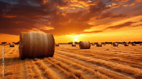 Golden Field Sunrise. Country Landscape with Hay Bales