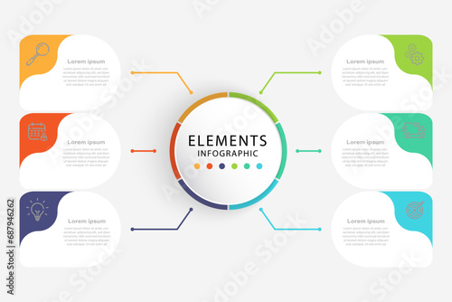 Business infographic design template with 6 process steps options. For work and website design