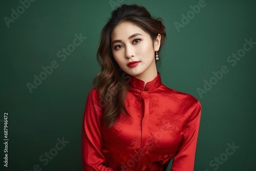 Young asian beauty woman wearing cheongsam, one color background, copy space. generative ai © Nia™