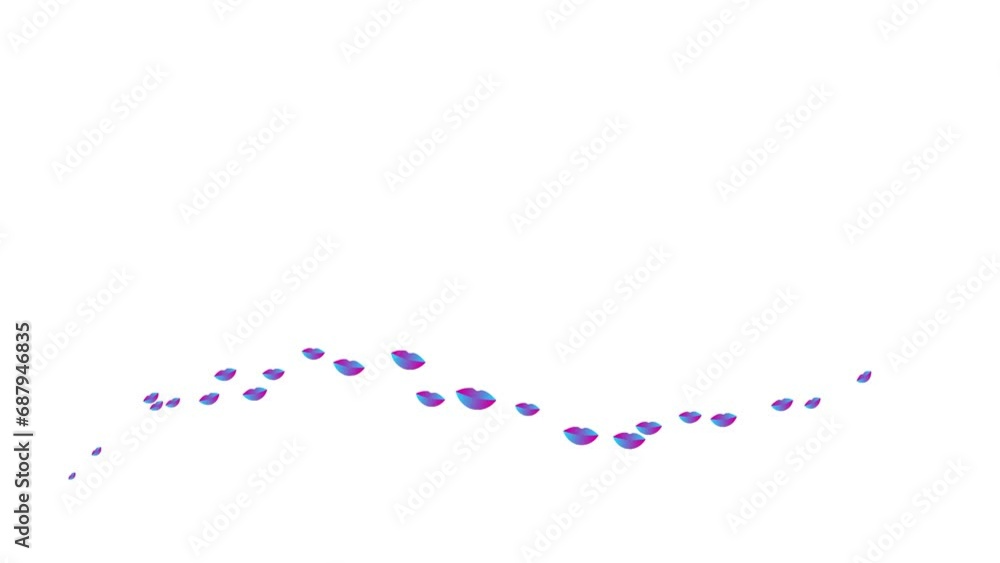 Animated pink blue lips fly from right to left in a wave. Concept of kiss, love, passion. Symbols hearts isolated on white background. Animated pink blue lips fly from right to left in a wave. Concept of kiss, love, passion. Symbols hearts isolated on white background.