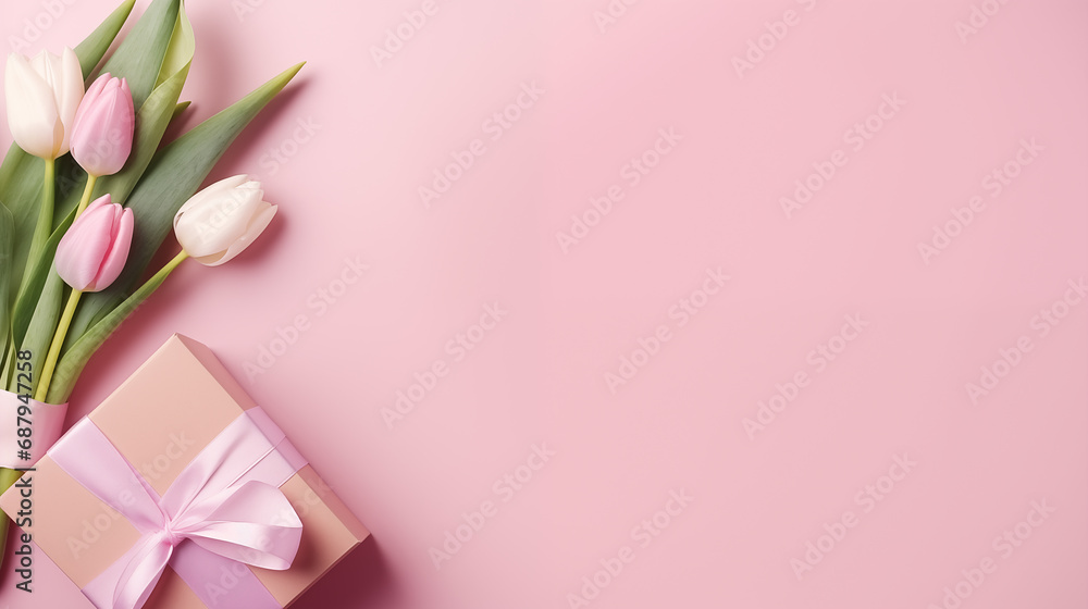festive layout with tulips, hearts and a gift with green ribbons on a pastel background. copy space. top view. flat lay. concept of mother's day, valentines day, eighth of march	