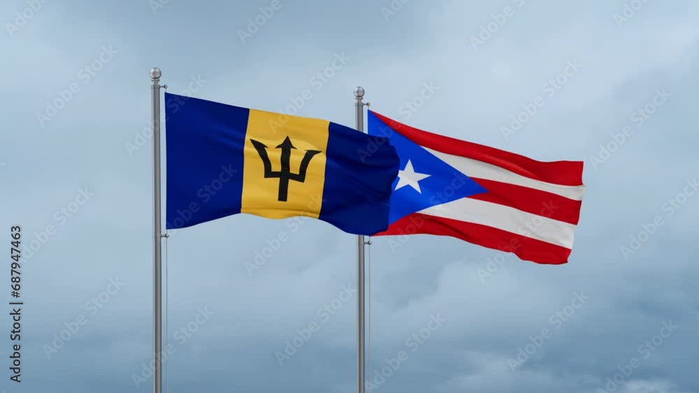 Puerto Rico and Barbados flag waving together on cloudy sky, endless seamless loop, two country cooperation concept