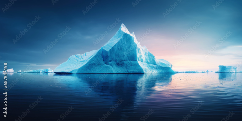 White Iceberg floating in clear blue water sea, under and above water view. Global Warming Concept. Generative AI White Iceberg floating in clear blue water sea, under and above water view. Global Warming Concept. Generative AI