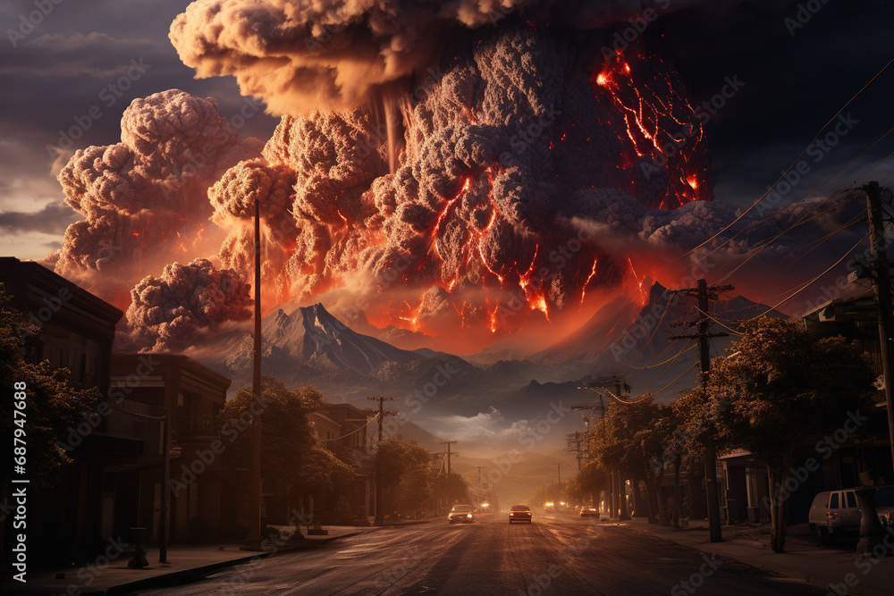 Volcano eruption in mountains, smoke cloud, hot lava, disaster, Ai Generative. - obrazy, fototapety, plakaty 