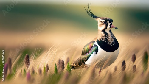 A lapwing in its natural habitat, with the bird's unique crest and patterned plumage sharply in focus.