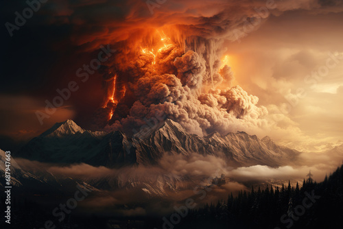 Volcano eruption in mountains, smoke cloud, hot lava, disaster, Ai Generative. © Viktoriia