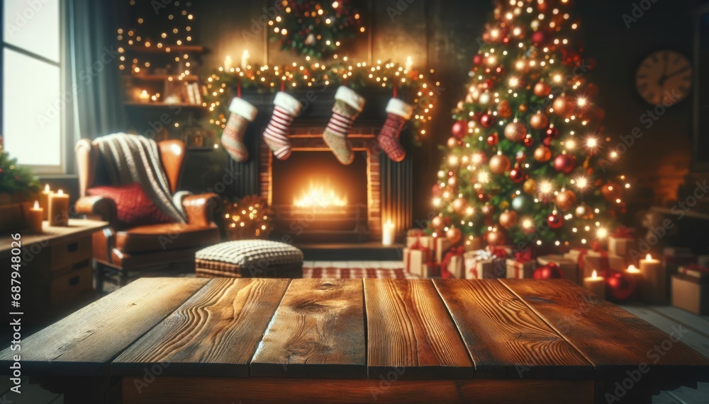 Cozy ambiance of the holidays, with a wooden table in the foreground leading to a softly focused background adorned with a beautifully decorated Christmas tree and a glowing fireplace. Cozy ambiance of the holidays, with a wooden table in the foreground leading to a softly focused background adorned with a beautifully decorated Christmas tree and a glowing fireplace.