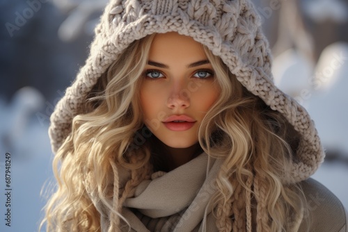Fashion model in a winter wonderland, wearing cozy and stylish cold-weather attire, Generative AI