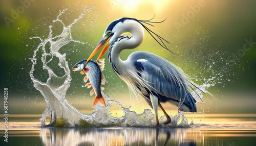 Heron like bird catches a fish  its beak clasping the prey mid air as water splashes around them. 