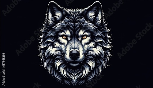 Imposing face of a powerful wolf, with piercing eyes and richly detailed fur set against a dark, mysterious background.