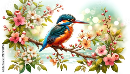 A vibrant kingfisher perched delicately among flowering branches. The bird's striking blue and orange plumage is vivid against the vibrant backdrop of flowers and green leaves.  © John