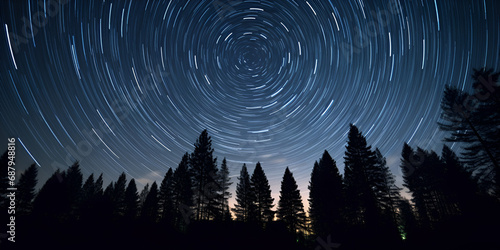 Night sky with stars long exposure Star trails over the night sky - comet mode, Time lapse of star trail, pine trees in the forest star trails over the river at night background Ai Generative