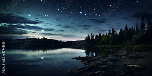 Night Sky Reflection Image Moonlight Lake and trees at night Image Starfall night over forest lake with twinkling blue stars Ai Generative