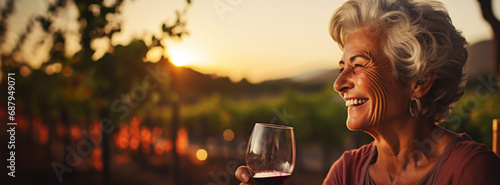 Senior smiling woman with a glass of wine, blurred backdrop of vineyard on a sunset. Generative AI photo