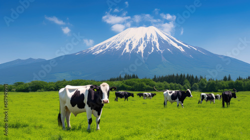 Green Pastures. Cows Grazing in Front of Mount Fuji
