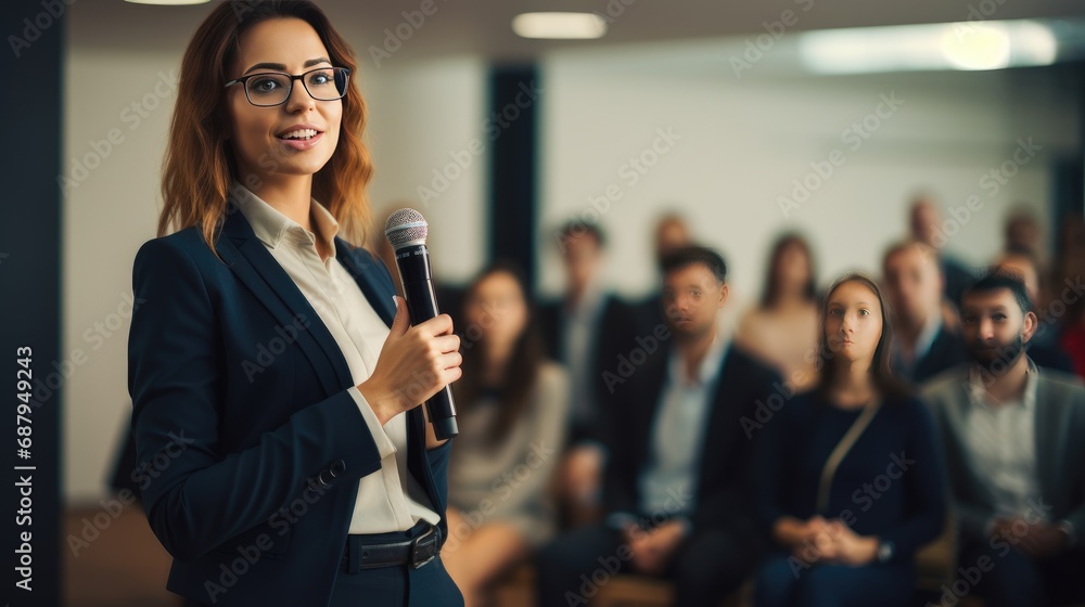 Young businesswoman giving a speech at a conference