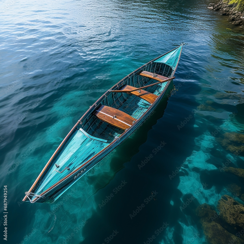 wide drone view closeup photo of an Isolated old wooden fishing boat floating and decking on clear blue lake water in a sunny day wide drone view closeup photo of an Isolated old wooden fishing boat floating and decking on clear blue lake water in a sunny day