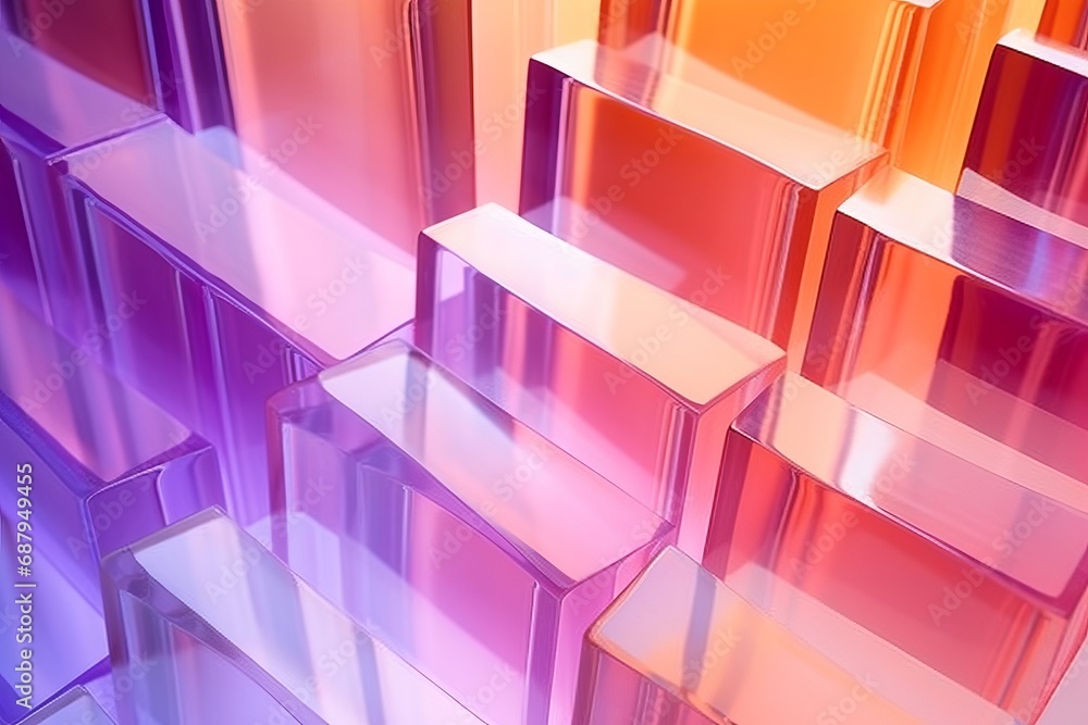 Bright abstract angled walls made of clear and ribbed gradient peach and violet acrylic glass - obrazy, fototapety, plakaty 
