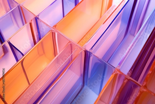 Bright abstract angled walls made of clear and ribbed gradient peach and violet acrylic glass