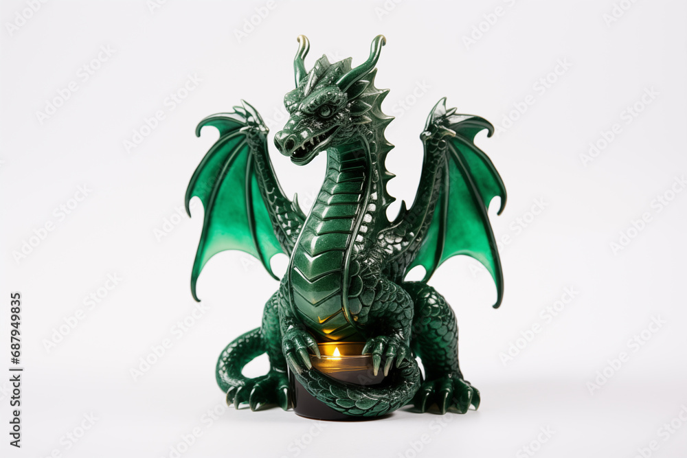 Emerald green dragon-shaped candle holder isolated on a white background. Front view Emerald green dragon-shaped candle holder isolated on a white background. Front view