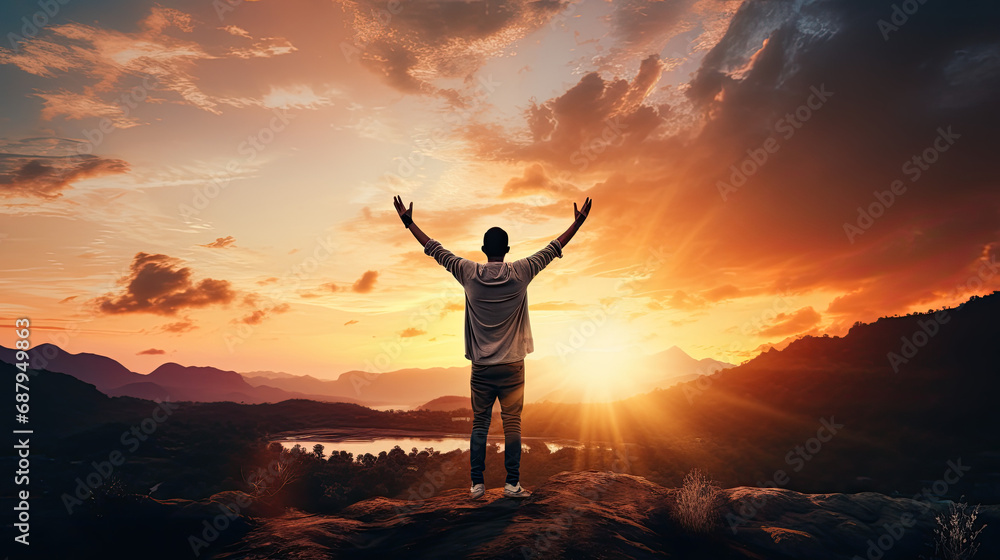 Man Raising Hand in Sunset Sky. Freedom and Travel Adventure Concept Man Raising Hand in Sunset Sky. Freedom and Travel Adventure Concept