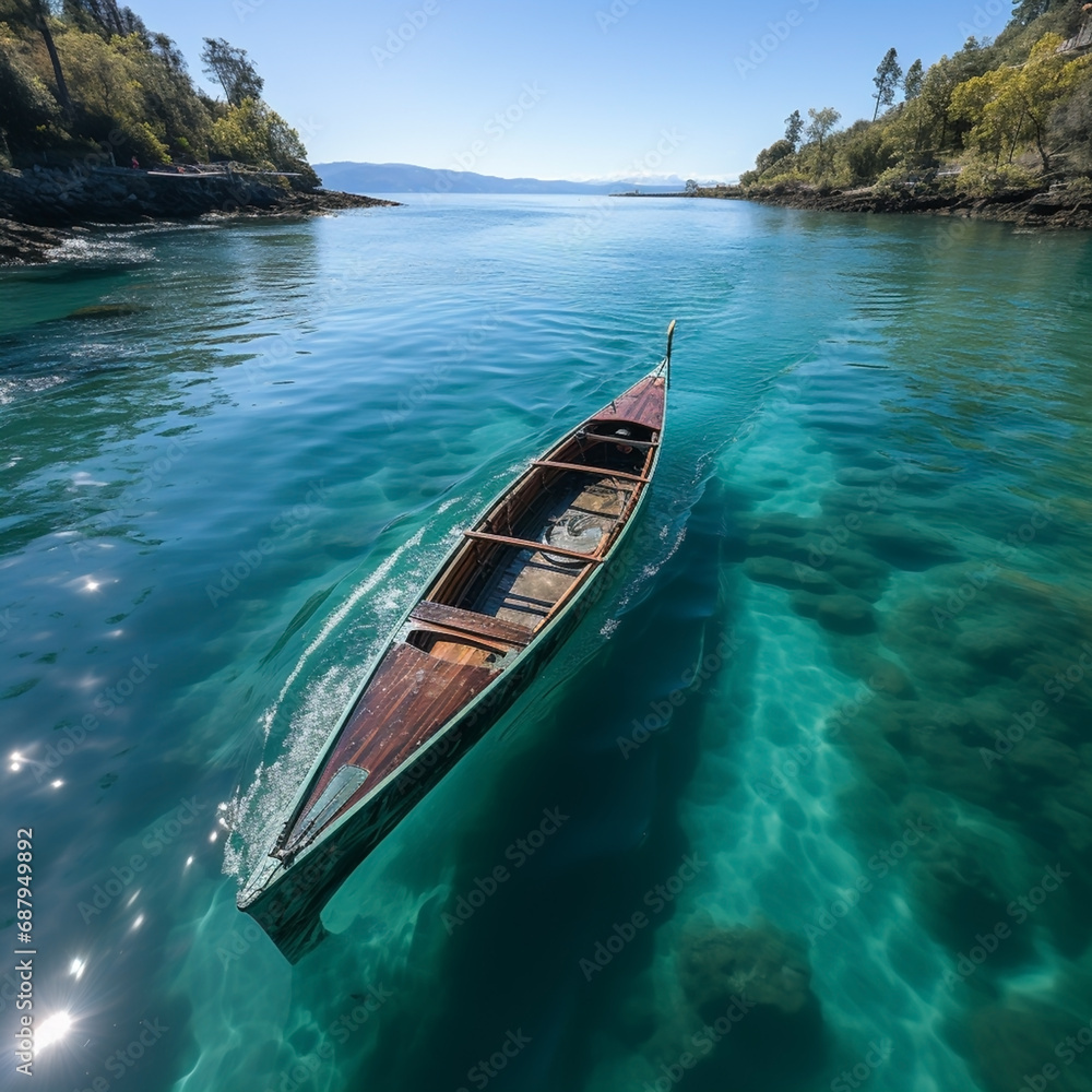 wide top view photo of an Isolated old wooden boat floating and decking on clear blue lake water in a sunny day 