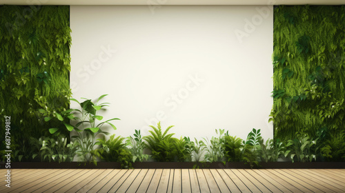 Interior vertical biowall garden, covered with green vegetation plants. Eco living concept. Generative AI photo