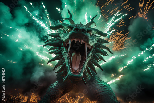 Head of an emerald green dragon surrounded by sparks and fire shows. Chinese New Year. Symbol of the year 2024