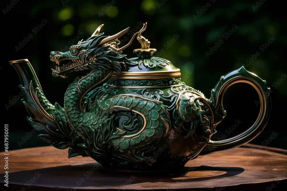 Emerald green Dragon symbol on traditional teapot. Chinese traditional tea ceremony