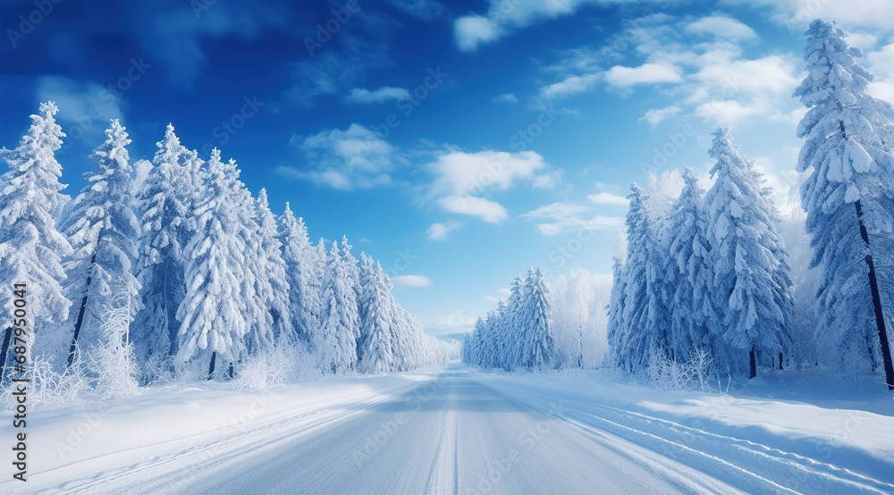 Panorama of beautiful winter parks and Beautiful trees in winter landscape in the late evening in snowfall copy space