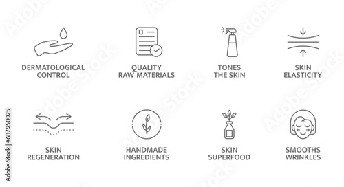 Organic cosmetic. Bio product sticker. Natural cosmetic line icon set. Skin superfood. Certified organic. GMO free. Product free allergen label. Dermatological control. Vegan. Vector illustration