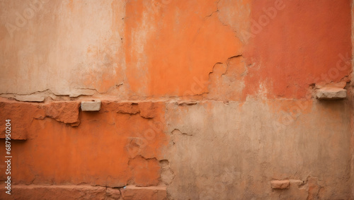 Weathered wall surface with rough plaster, presenting hues of persimmon, terracotta, and red. Oil paint style. Perfect for design projects.