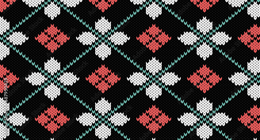 White flower and red geomatric on black knitted pattern, Festive Sweater Design. Seamless Knitted Pattern White flower and red geomatric on black knitted pattern, Festive Sweater Design. Seamless Knitted Pattern