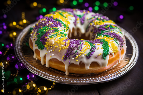 Mardi gras concept - king cake with holiday decorations photo